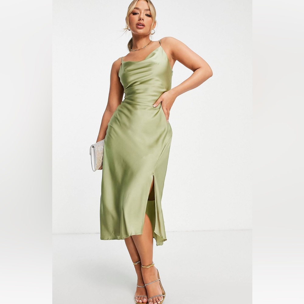 Satin dress cowl neck-moss green